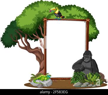 Empty banner with wild animals and rainforest trees on white background ...
