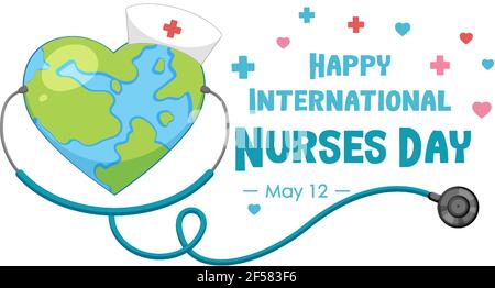 Happy international nurses day font with the earth in heart shape illustration Stock Vector