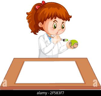 Cute girl wearing scientist uniform with blank paper on the table illustration Stock Vector