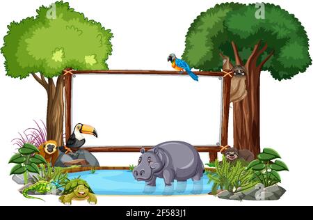 Empty banner with wild animals and rainforest trees on white background ...