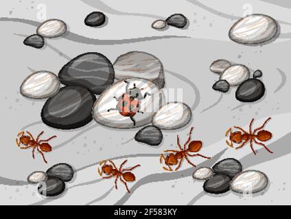 Close up aerial scene with many ants and a ladybug illustration Stock Vector