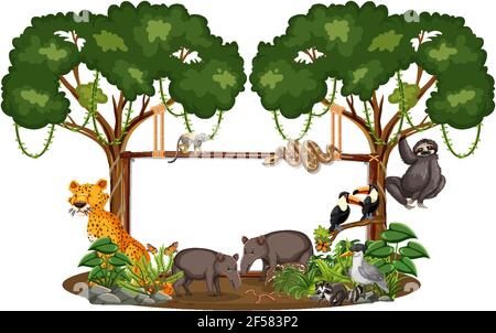 Empty banner with wild animals and rainforest trees on white background ...