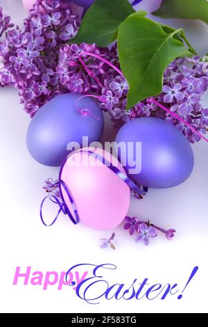Colorfully Easter eggs with lilac flowers on a white background Stock Photo