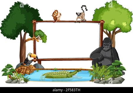 Empty banner with wild animals and rainforest trees on white background illustration Stock Vector