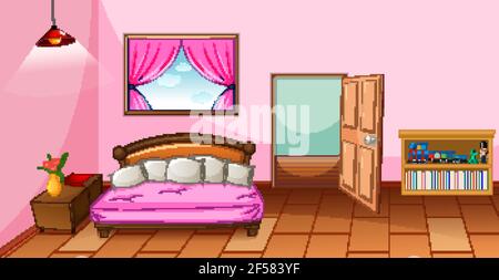 Bedroom interior with furniture in pink color theme illustration Stock Vector