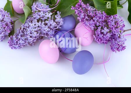 Colorfully Easter eggs with lilac flowers on a white background Stock Photo