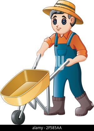 Vector illustration of Cartoon young farmer pushing a wheelbarrow Stock Vector