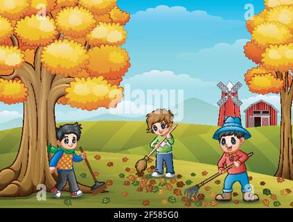 Vector illustration of Children raking leaves in the farmyard during fall season Stock Vector