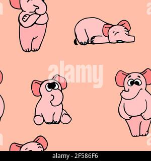 Elephants. Seamless illustration. Cartoon sketch style. Hand outline drawing cheerful funny animal. vector Stock Vector