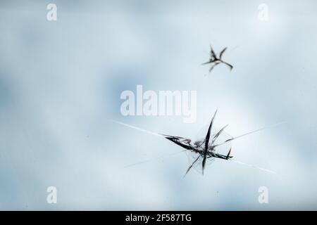 Windshield has cracks from the impact of stone chips while driving. Stock Photo