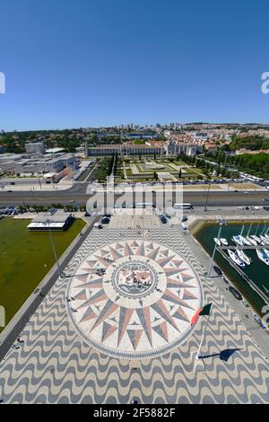 Compass Rose and Mappa Mundi in front of Monument to the Discoveries (Portuguese: Padrao dos Descobrimentos) at Belem district, Lisbon, Portugal. The Stock Photo
