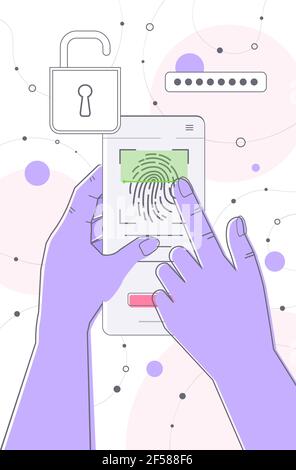 user hands touching fingerprint scanner on smartphone screen personal id access biometric identification Stock Vector