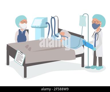 Elderly woman on breathing apparatus in hospital bed with Coronavirus covid19 virus. Old Husband and senior doctor are with her. Stock Vector