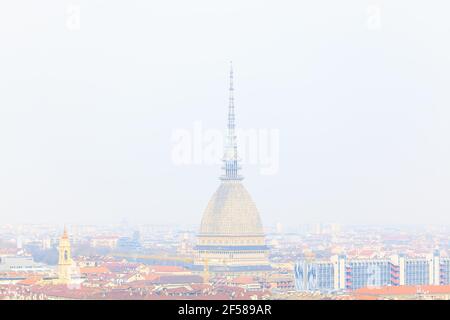 Cupola of Mole Antonelliana over central district of Turin . View from Monte dei Cappuccini Stock Photo