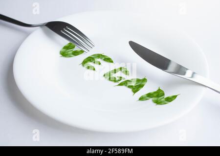 Vegan lettering made from leaves on a plate. The letters are composed of leaves folded into the word vegan. Healthy and wholesome food. Vegetarian foo Stock Photo