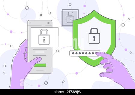 hands entering passcode on smartphone with protection shield mobile account locked privacy security protection Stock Vector