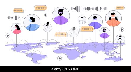 people on world map communicating by voice messages audio chat application social media global communication Stock Vector