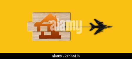 Building a Future home concept, Plan dragging wood block to accomplish the home, action by airplane, Conceptual illustration of dreams House. Stock Photo