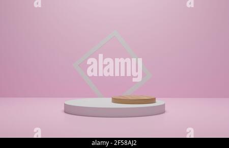 3d rendering. Abstract minimal scene with geometrical. Wood podium on pink color background. Scene for cosmetic products display. Stock Photo