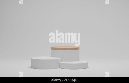Abstract minimal scene platform. Geometric shape wood podium on white background. 3d rendering Stock Photo