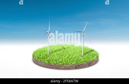 3d rendering. Cross section of green grass with wind turbine over blue sky background. Stock Photo