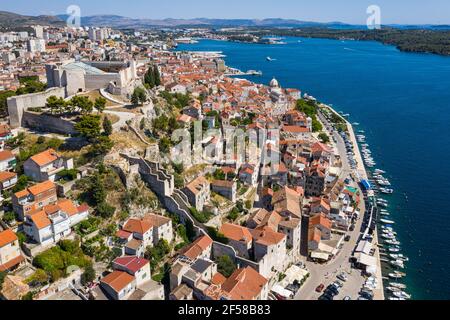 Aerial view of the Šibenik old town by the Adriatic sea in Croatia on a sunny summer day