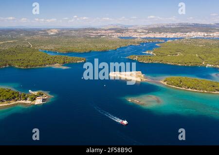 Stunning aerial view of the St. Nicholas Fortress at the entrance of the St. Anthony Channel leading to the Sibenik city in Croatia on a sunny summer Stock Photo