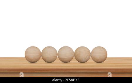 Empty wood sphere on wooden table over white background for your creative. Stock Photo