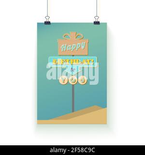 Happy Birthday card in motel road sign style. Greetings poster hanging on wall. Vector illustration Stock Vector