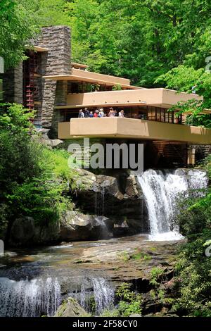 Frank Lloyd Wright designed Fallingwater House over Bear Run waterfall in Mill Run.Pennsylvania.USA Stock Photo