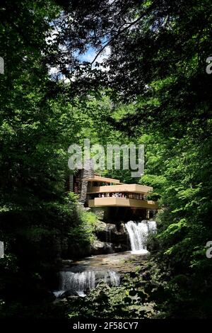 Frank Lloyd Wright designed Fallingwater House over Bear Run waterfall in Mill Run.Pennsylvania.USA Stock Photo