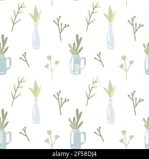 Delicate spring pattern with herbs and plants in glass vases on white background. Wallpaper with flat aloe, branch and bottles. Seamless texture for f Stock Vector