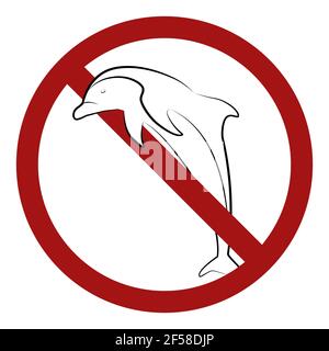 Ban on dolphinariums. Outline dolphin symbol in the prohibition sign. Forbidden on keeping animals in captivity. Vector prohibition sign for stickers, Stock Vector