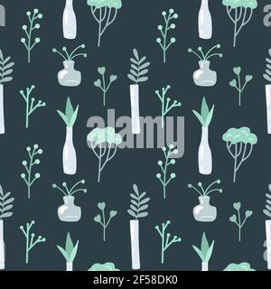Delicate spring pattern with herbs and plants in glass vases on a dark background. Wallpaper with flat fennel, fern and bottles. Seamless texture for Stock Vector