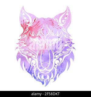 Watercolor silhouette of wolf head front view on whte background. Stylized redator front view portrait. Vector sketch for tattoo, icon, logo and print Stock Vector