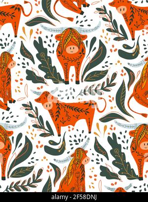 Seamless pattern with cute cartoon bulls and bison with folk pattern on white background. Oriental New Year symbol with floral pattern. Cattle with tr Stock Vector