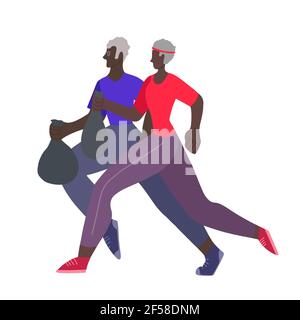 Plogging. Environmental movement. Healthy lifestyle. Old african family couple jogging with a garbage bags. Healthy old age. Physical activity and car Stock Vector