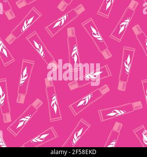 Hand drawn seamless pattern of makeup cosmetic cream bottle elements. Doodle sketch style. Container element drawn by digital pen. Vector illustration for beauty, makeup wallpaper, background, textile. Stock Vector
