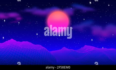 80s synthwave styled landscape with blue grid mountains and sun over ...