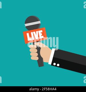 Journalist hand holding microphones performing interview. Vector illustration Stock Vector