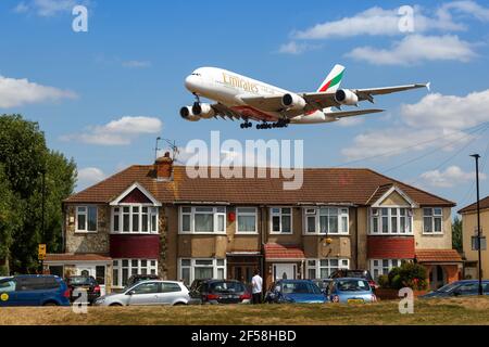 London, United Kingdom - August 1, 2018: Emirates Airbus A380 airplane London Heathrow airport in the United Kingdom. Airbus is a European aircraft ma Stock Photo
