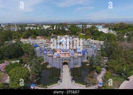 An aerial view of Sleeping Beauty Castle at Disneyland Park, Wednesday, March 24, 2021, in Anaheim, Calif. Stock Photo