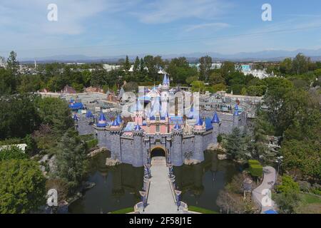 An aerial view of Sleeping Beauty Castle at Disneyland Park, Wednesday, March 24, 2021, in Anaheim, Calif. Stock Photo