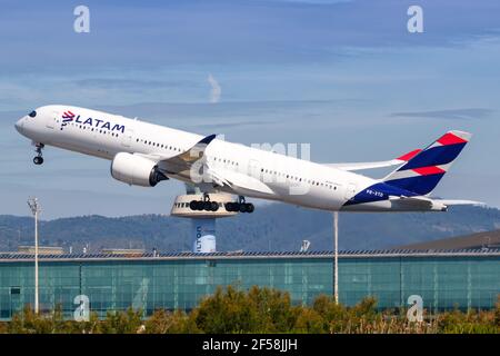 Barcelona, Spain - June 9, 2018: A LATAM Airlines Airbus A350 airplane at Barcelona airport (BCN) in Spain. Airbus is a European aircraft manufacturer Stock Photo