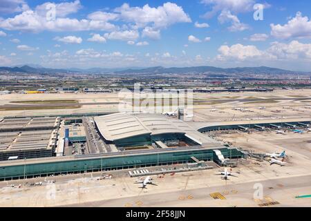Barcelona, Spain - June 11, 2018: Barcelona Airport Terminal 1 aerial photo (BCN) in Spain. Stock Photo