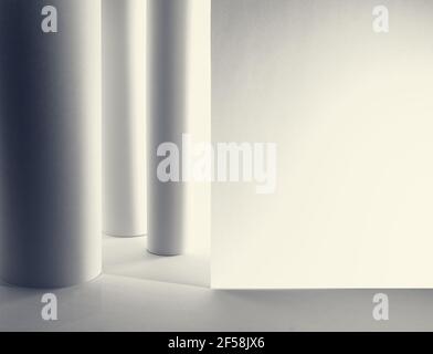 Abstract interior or indoor hall background of columns and wall made from paper with copy space. Columns and wall casting shadows on floor. Extra grai Stock Photo