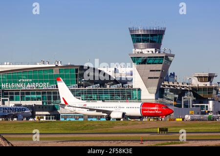 Helsinki, Finland - May 25, 2018: Norwegian Boeing B737-800 airplane at Helsinki airport. Boeing is an American aircraft manufacturer headquartered in Stock Photo