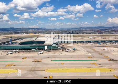 Barcelona, Spain - June 11, 2018: Aerial photo of Barcelona airport in Spain. Stock Photo