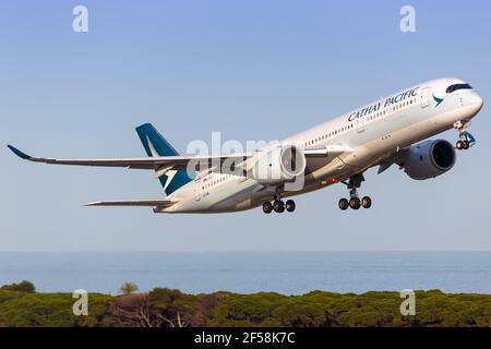 Barcelona, Spain - June 9, 2018: Cathay Pacific Airbus A350 airplane taking off at Barcelona airport in Spain. Airbus is a European aircraft manufactu Stock Photo