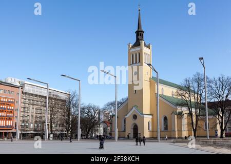 Building and bell tower of the St. John's Church (Jaani kirik). It is a large Lutheran parish church in Tallinn, Estonia Stock Photo